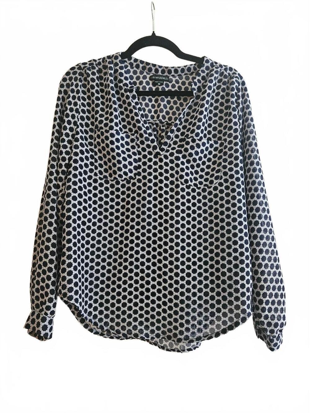Cynthia Rowley Women's Semi-Sheer Geometric Blouse w/ a split V-Neckline-Size M